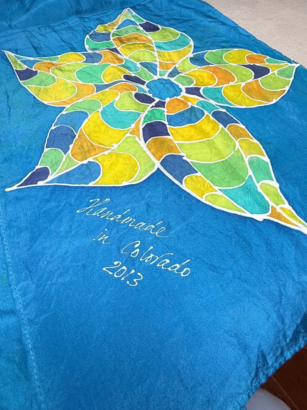 Handmade in Colorado 2013 Painted Blue Silk Scarf - Picture 3 of 8